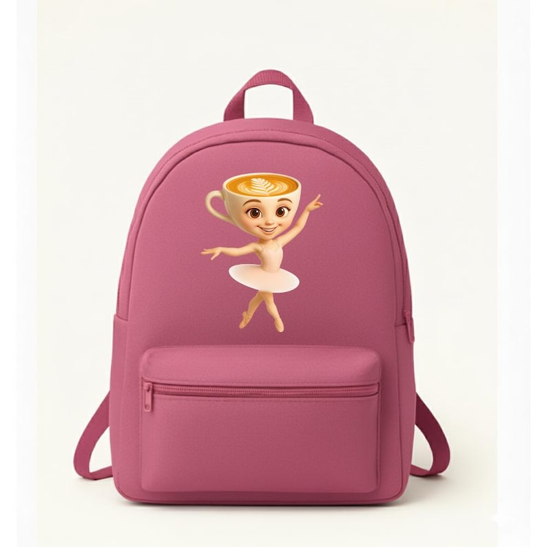 May include: A magenta backpack with a front zippered pocket and a top handle. The backpack features a cartoon ballerina with a coffee cup for a head. The ballerina is wearing a white tutu and is in a ballet pose.
