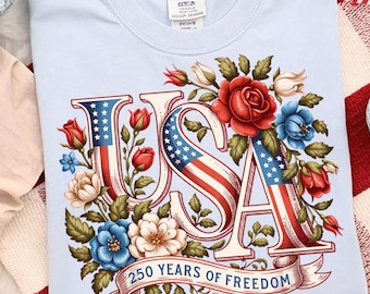 Floral  USA 250 Years PNG |Retro American Flag 1776–2026 | Patriotic 4th of July Shirt Design | America 250 Celebration Sublimation Download