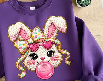 Easter Vibes Faux Yarn Bunny PNG, Floral Spring Knitted Shirt Design. Retro Boho Cottagecore Easter Sublimation,Pastel Digital Download