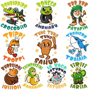 May include: A collection of colorful cartoon animal characters with text. The characters include a crocodile with a plane, a frog in a tire, a caveman, a shrimp, a wooden figure with a bat, a shark, a capybara, a monkey with a banana, a cow with a ring, and an elephant.