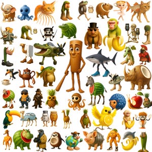 Może przedstawiać: Kolekcja fantazyjnych postaci z kreskówek, w tym zwierząt i obiektów antropomorficznych. Ilustracje przedstawiają różnorodne stworzenia, takie jak słoń, kot, rekin i zebra, każde z unikalnymi wzorami i wyrazami twarzy. Postacie są umieszczone na białym tle.