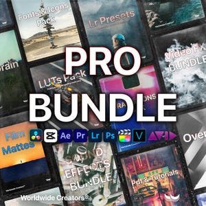 Puede incluir: Una colección de paquetes de productos digitales, que incluyen fuentes, ajustes preestablecidos y efectos de vídeo. La palabra "PRO BUNDLE" se muestra de forma destacada. Se ven varios iconos de software, junto con el texto "Worldwide Creators".