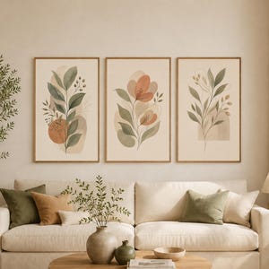 Abstract Sage Green Botanical Wall Art Set of 3, Terracotta Floral Prints, Warm Neutral Organic Modern Home Decor for Bedroom Living Room