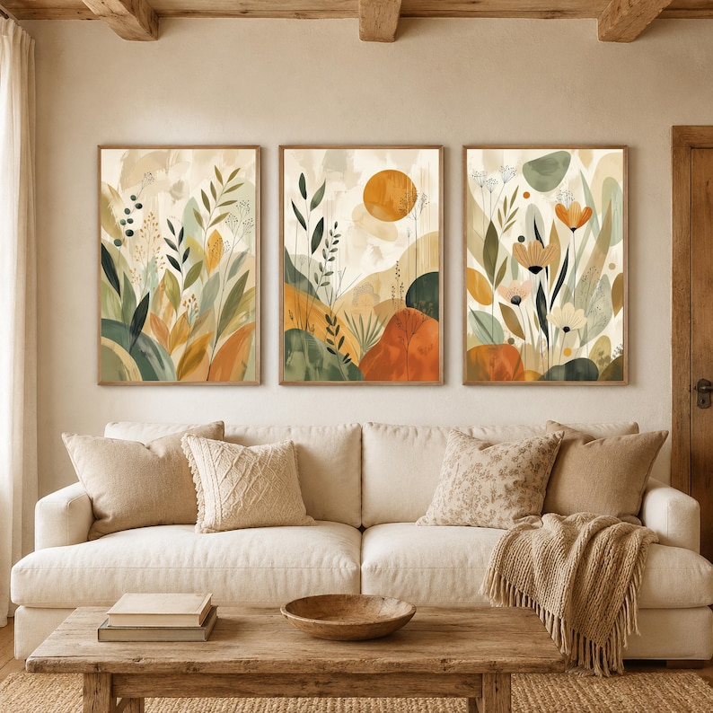 Abstract Botanical Wall Art Set of 3, Earthy Floral Prints in Sage ...