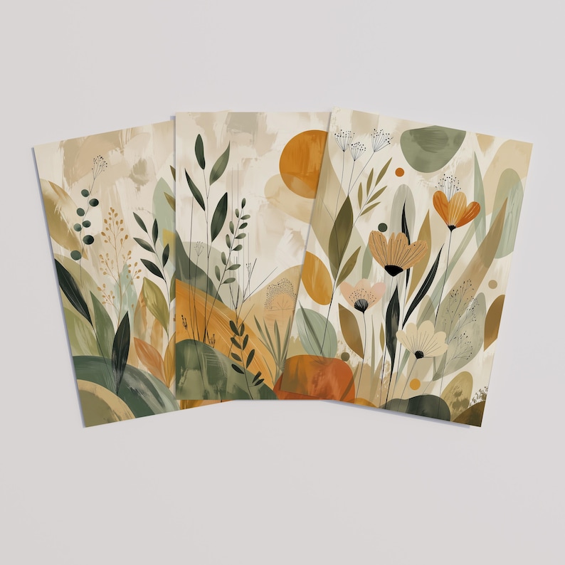 Abstract Botanical Wall Art Set of 3, Earthy Floral Prints in Sage ...