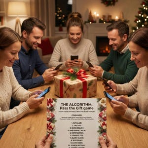 May include: A group of six people are gathered around a wooden table, each holding a smartphone. A wrapped gift box with a red bow sits in the center. A printed sheet of paper with the text "THE ALGORITHM: Pass the Gift game" is held up.