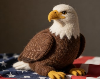 Needle Felted Bald Eagle Figurine | Handmade Wildlife Art | American Flag Decor, Patriotic Collectible, 4th of July Mantel Accent