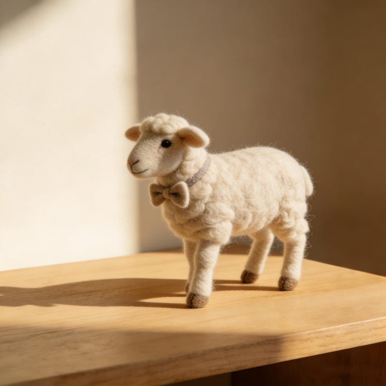 Op de afbeelding: Handgemaakte, off-white vilten schapenfiguur met een kleine strik en kraag. Het schaap heeft bruine hoeven en staat op een houten oppervlak. Een charmant decoratief item.