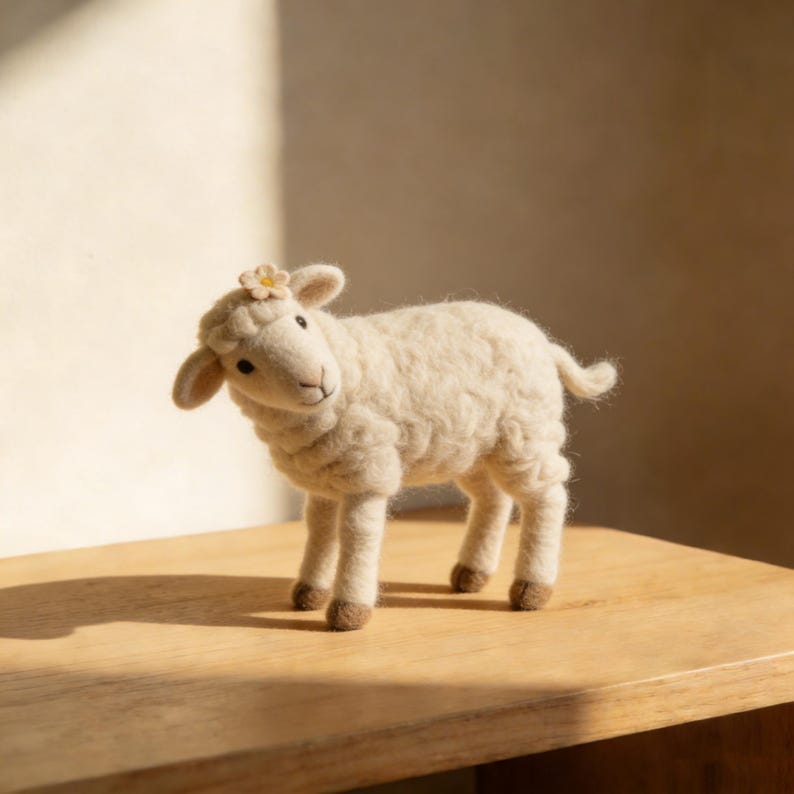 Op de afbeelding: Een handgemaakte, cr&egrave;mekleurige vilten schapenfiguur met een klein bloemetje op het hoofd. Het schaap heeft een pluizige woltextuur, bruine hoeven en een zachte uitdrukking. Het staat op een houten oppervlak.
