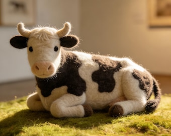 May include: A needle-felted cow figurine featuring a white and black spotted coat, small horns, and dark ears. The cow is in a lying position with its legs tucked underneath its body, showcasing a soft, textured wool appearance.