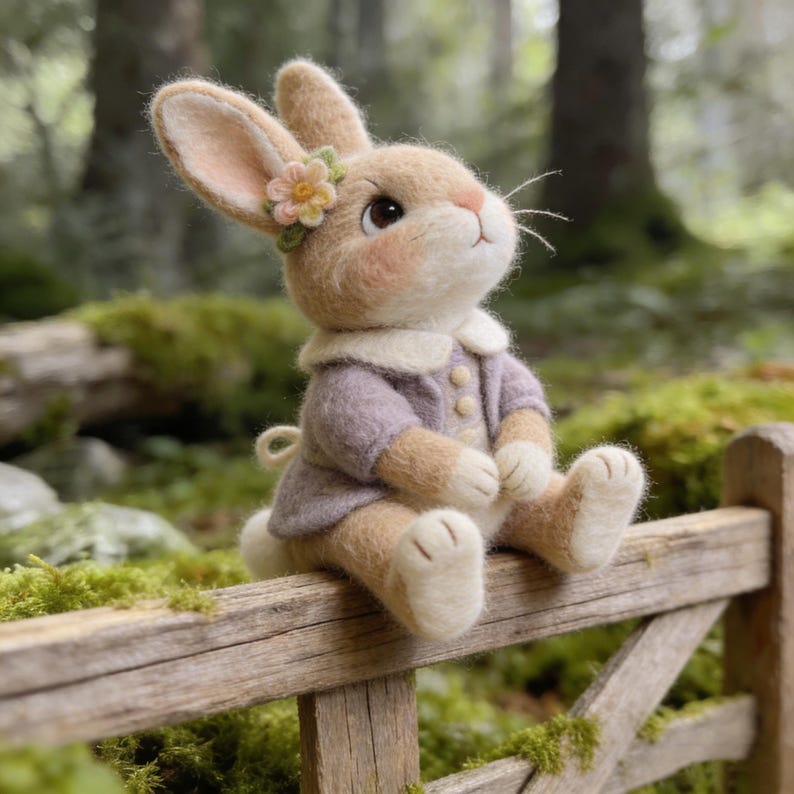 Handmade Needle Felted Bunny Figurine, Wool Felt Rabbit With Flowers ...