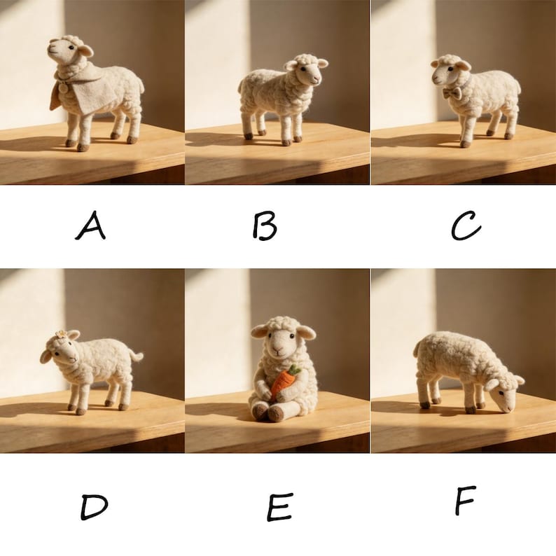 Op de afbeelding: Een verzameling van zes wollige schapenbeeldjes, elk met een unieke pose en accessoire. Sommige schapen dragen sjaals of vlinderdassen, terwijl &eacute;&eacute;n een wortel vasthoudt. De beeldjes worden tentoongesteld op een houten oppervlak.