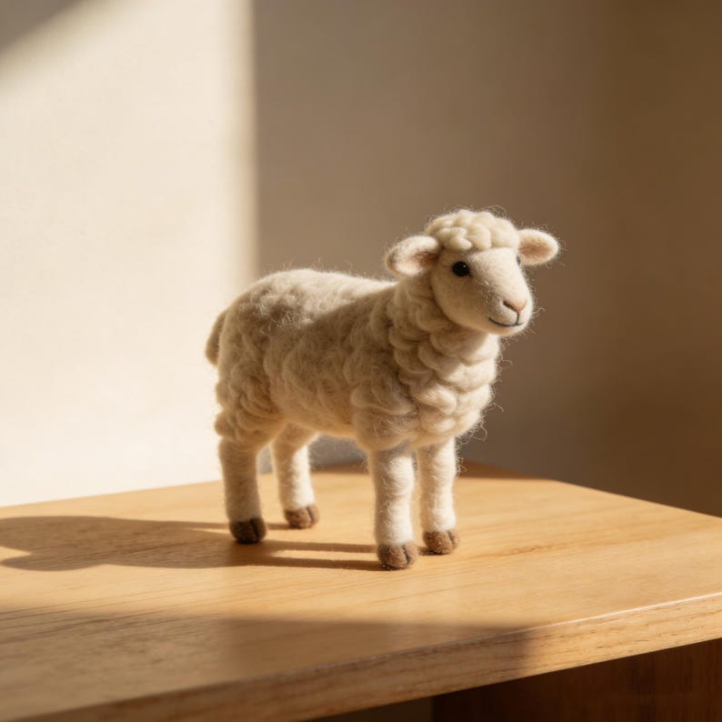 Op de afbeelding: Handgemaakte, cr&egrave;mekleurige schapenfiguur met een wollige textuur. Het schaap heeft een glimlachend gezicht en staat op vier poten met bruine hoeven. De figuur staat op een houten oppervlak, wat een warme, natuurlijke uitstraling cre&euml;ert.