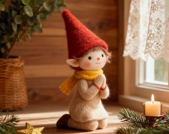 Handmade Felted Christmas with Red Hat & Green Coat – Holiday Decor, Gift for Elf Collectors and Christmas Lovers