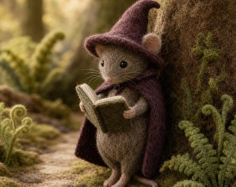 Handmade Felt Witch Mouse Figurine, Needle Felted Mouse Doll, Woodland Halloween Decor, Magical Reading Mouse, Fantasy Gift, 8cm