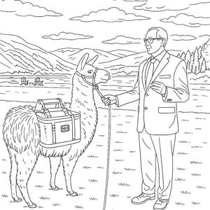 以下が含まれることがあります： 白黒のイラストで、背中に「YETI」と書かれたクーラーボックスを背負ったラマが、スーツを着た人に引かれています。背景には山、木、雲があり、屋外の風景を描いています。