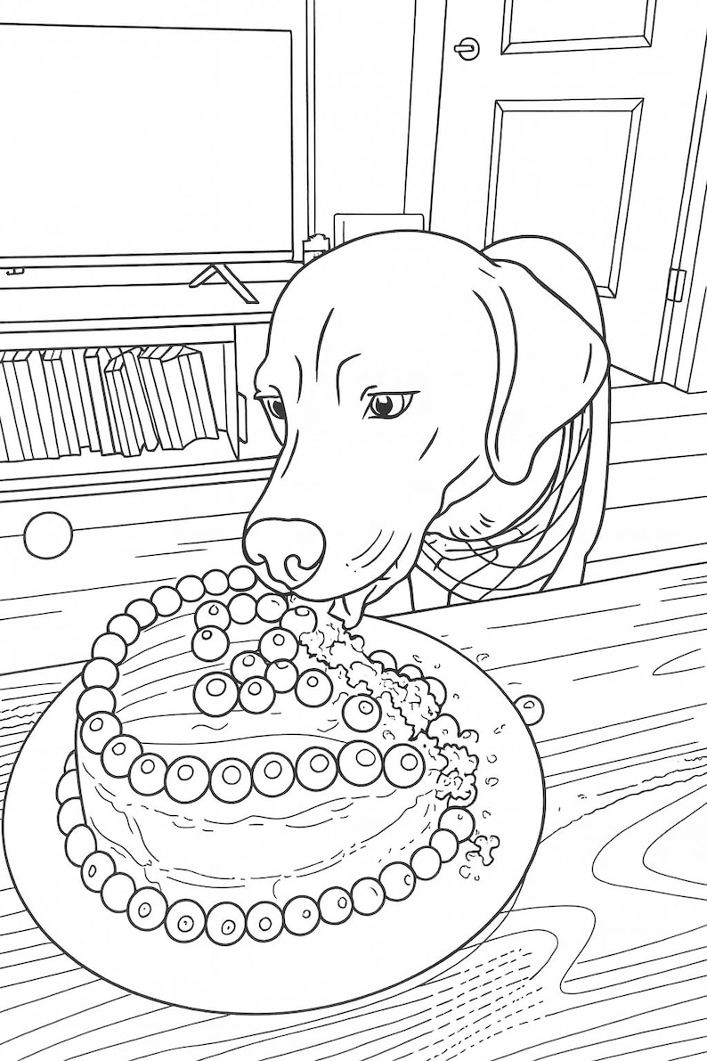 以下が含まれることがあります： 丸いオブジェクトで飾られたケーキを食べている犬の線画。犬はラブラドールレトリバーです。ケーキは木製の表面の上の皿の上にあります。テレビと本棚が背景にあります。