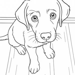 以下が含まれることがあります： 子犬の白黒線画。下から見た子犬は大きな目を持ち、直接観察者を見ています。画像はシンプルで、きれいな線で描かれ、子犬の特徴に焦点を当てています。