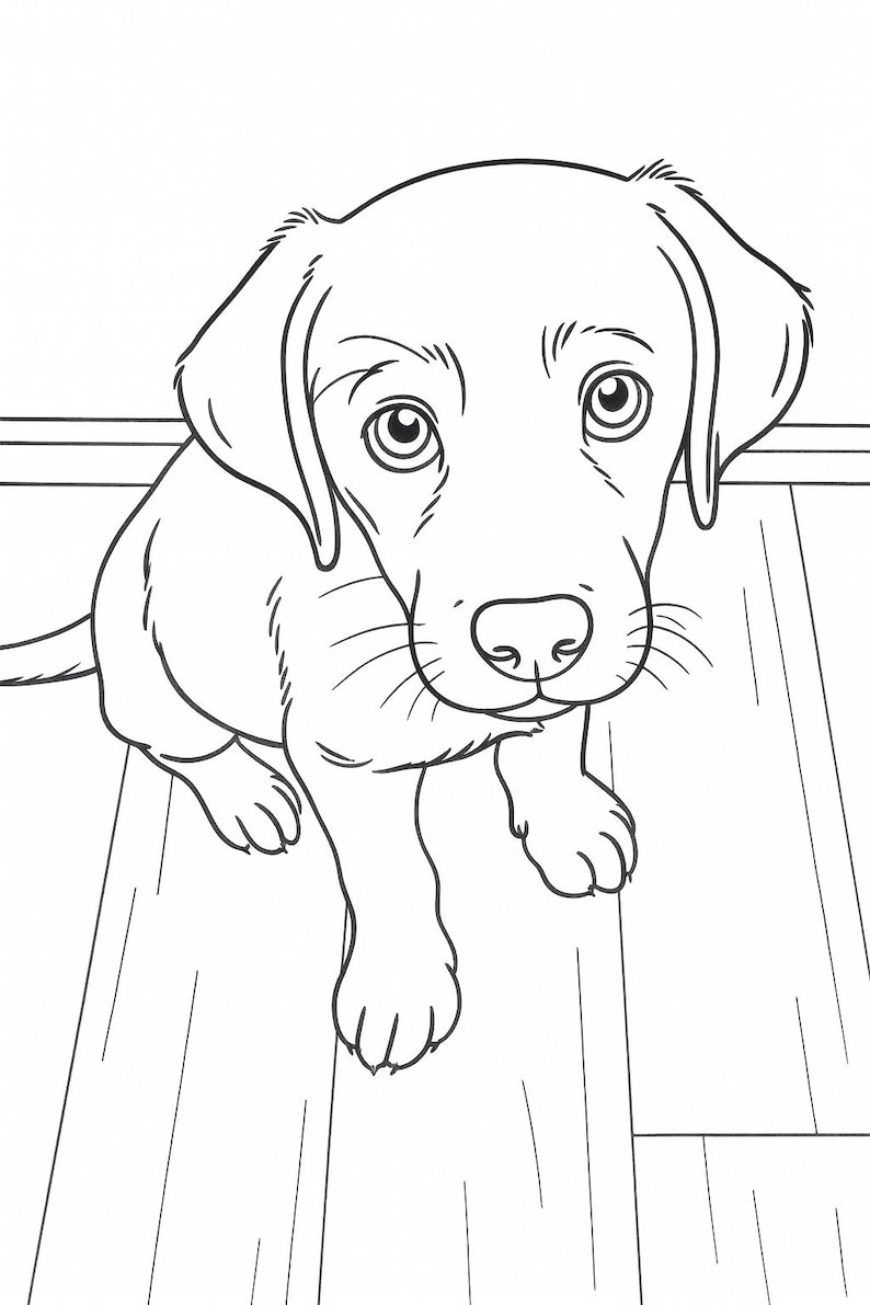 以下が含まれることがあります： 子犬の白黒線画。下から見た子犬は大きな目を持ち、直接観察者を見ています。画像はシンプルで、きれいな線で描かれ、子犬の特徴に焦点を当てています。