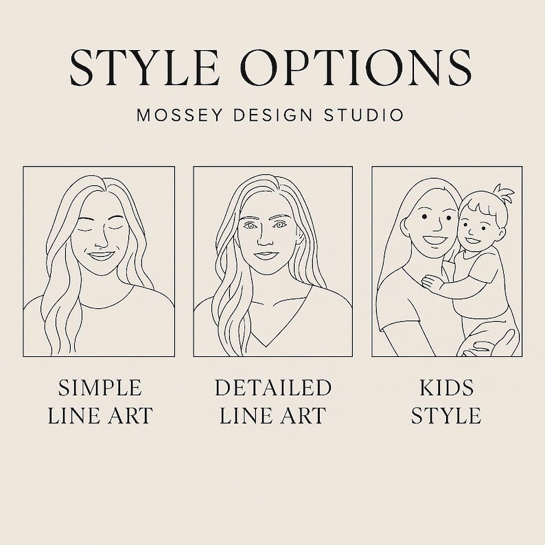以下が含まれることがあります： 「STYLE OPTIONS」と「MOSSEY DESIGN STUDIO」のテキストが入った画像。3つの線画ポートレート、「SIMPLE LINE ART」、「DETAILED LINE ART」、そして「KIDS STYLE」がそれぞれ別のフレームに入っています。