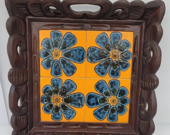 Vintage 4 Piece Tile Hand Carved Wood Talavera Tile Tray Orange blue Mid Century Modern