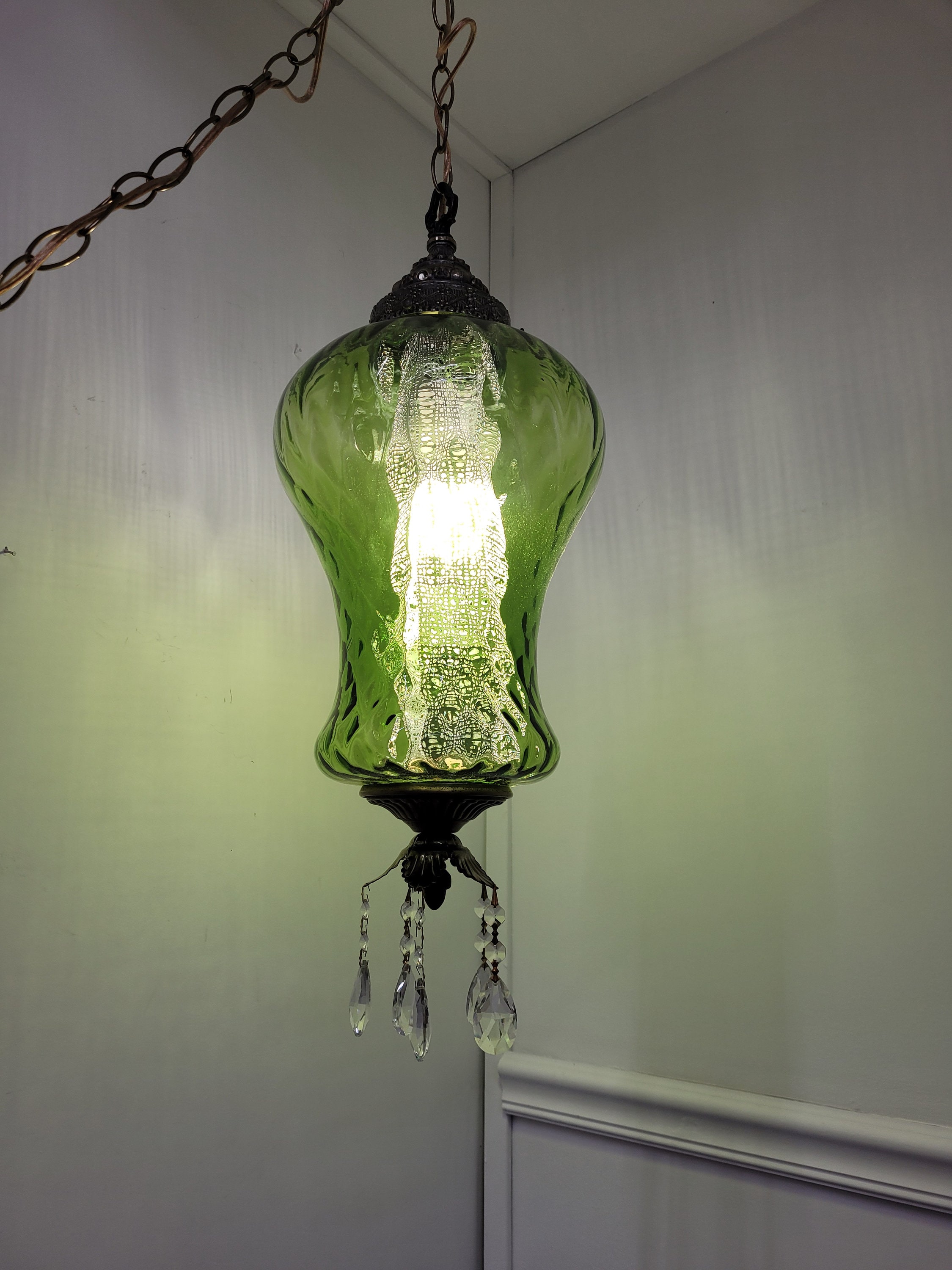 Swag Lamp Plug in Vintage Hanging Light Green Glass Lamp Swag Lamp