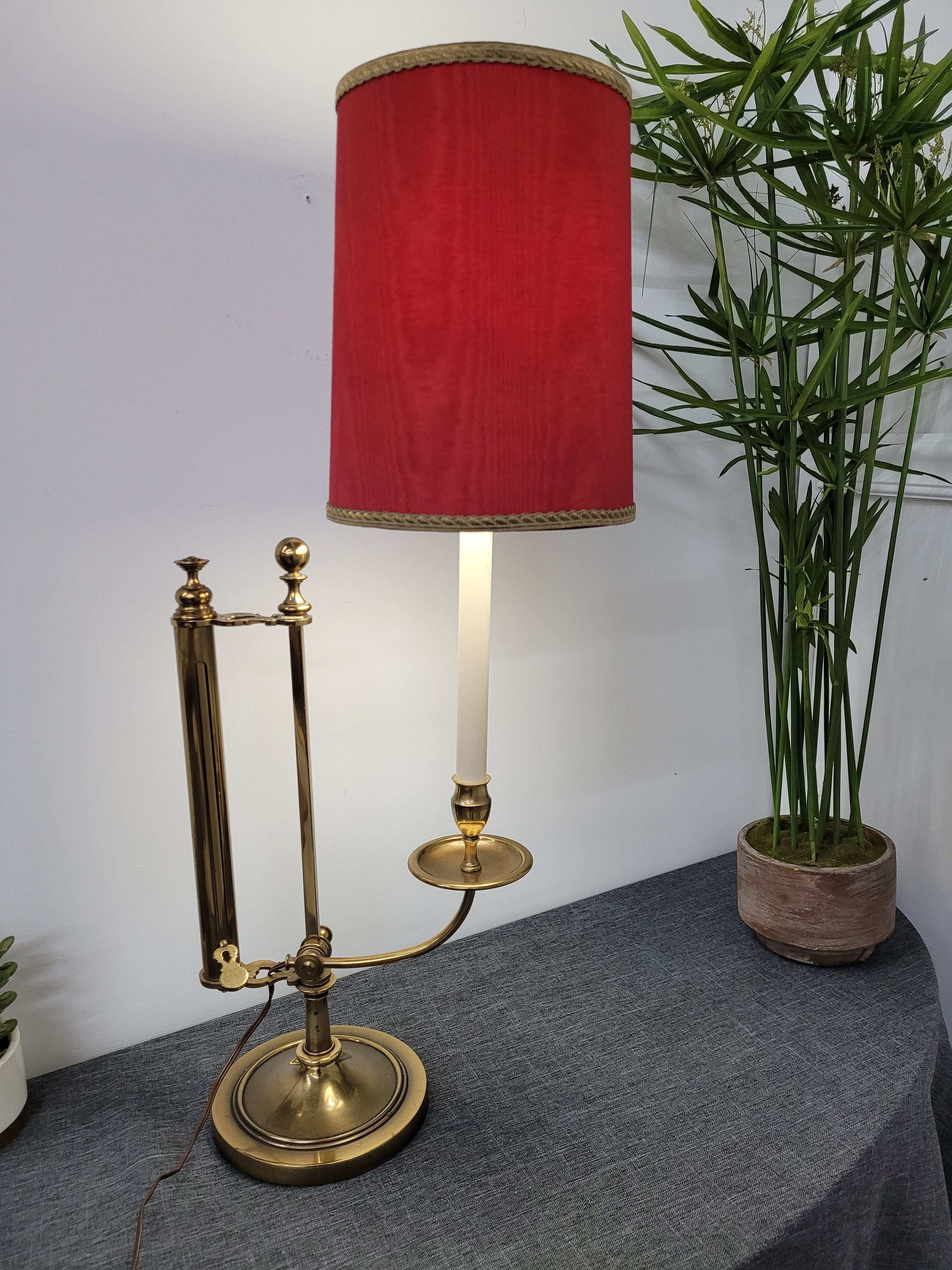 Vintage Stiffel Table Lamp Brass Candlestick Lamp With Original Red Linen  Shade 