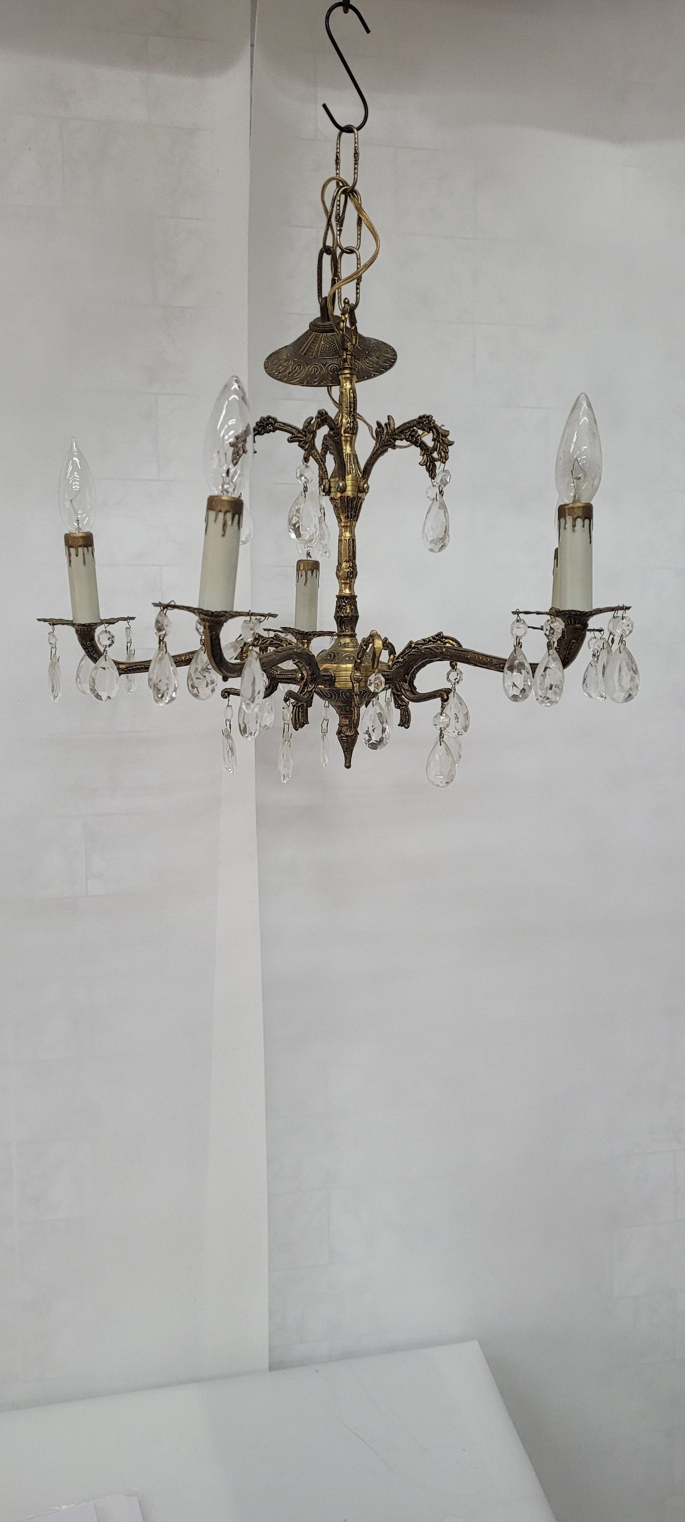 5 Light Armed Fitting Antique Brass Crystal