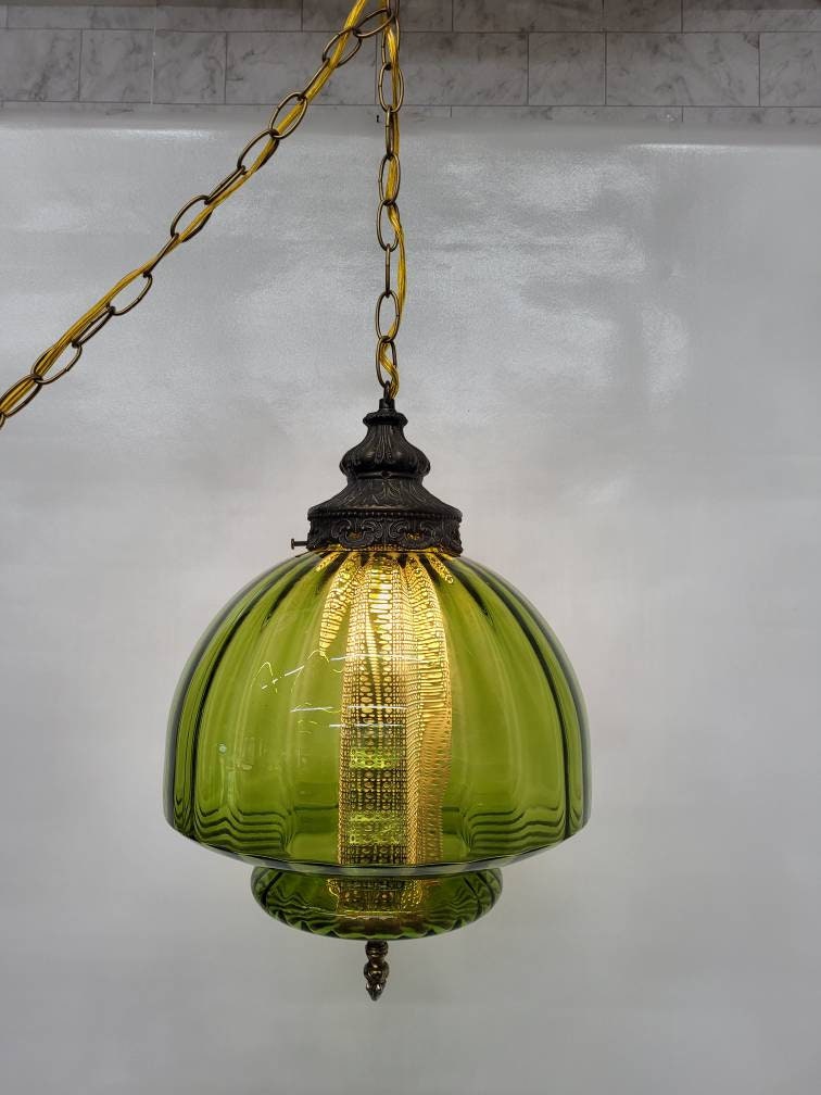 Just Listed Vintage Swag Lamp Avocado or Grass Green Glass Hanging
