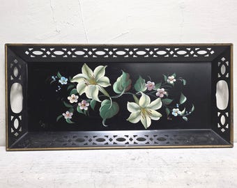 Vintage Metal Floral Toleware Serving Tray, hand painted  flowers Old World European Dark Cottagecore