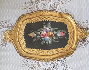 Bandeja florentina vintage, pieza italiana de servicio floral florentina para tocador, pared o mesa, en negro y dorado.