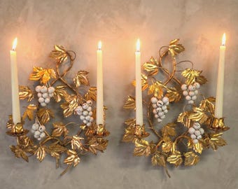 1960 Italian Wall Candle Holder Sconces a Pair Tole Florentine Gold Gilt Hollywood Regency Candelabra