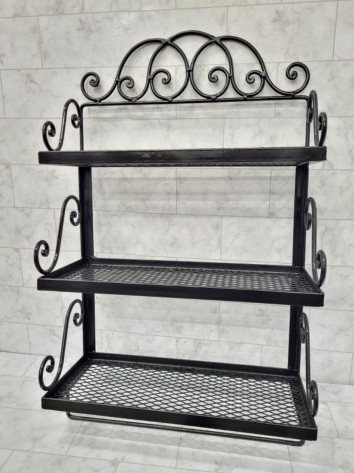 Vintage Black Wrought Iron 3 Shelf Wall Hanging Heavy Duty Etsy