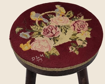 Vintage Footstool Embroidered Folk Art French Cottagecore Needlepoint Stool