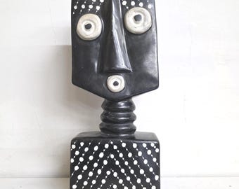 Abstract Face Bust Sculpture, Black White Modernist Tabletop Decor 1980s