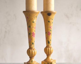 1990s Floral Pillar Candle Holders Pair  24 inches toleware Pedestal Risers, Grandmillennial Mantel