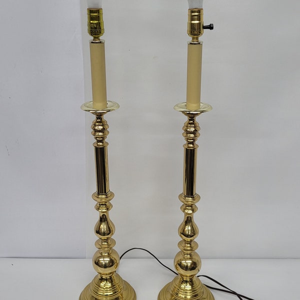 Vintage Brass Candlestick Table Lamps Buffet Gold Tall Slender Pair of Lamps