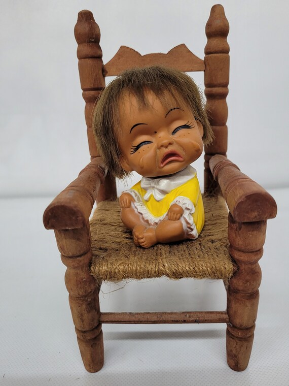 Vintage Cuties Doll Chair Crying Face Mini Miniature Ladder Back
