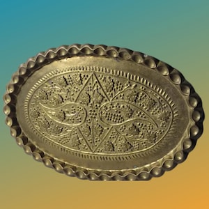 Large Vintage Brass Tray British India Oval Serving Platter Engraved Floral Wall Decor Gadrooned Edge Coffee Table