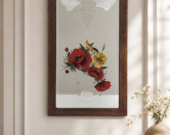 Vintage Floral Wall Glass Mirror Victorian Etched Hanging Wood Framed Antique Folk Art