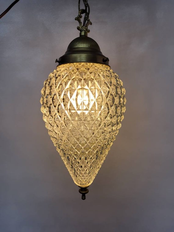Vintage Swag Lamp Plug in Hanging Light Retro Pendant Hollywood Regency  Clear Pineapple Design 