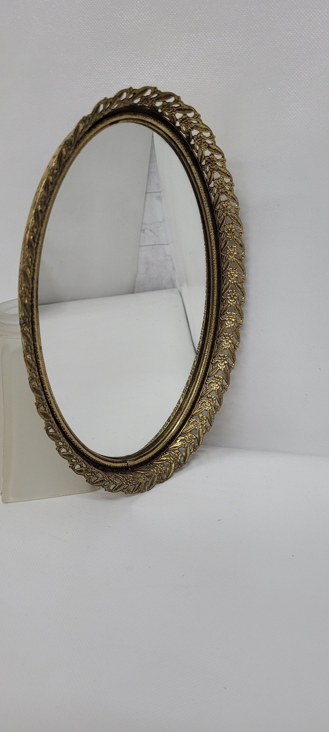 Vintage Gold Filigree Mirror Vanity Tray Round Tray Etsy