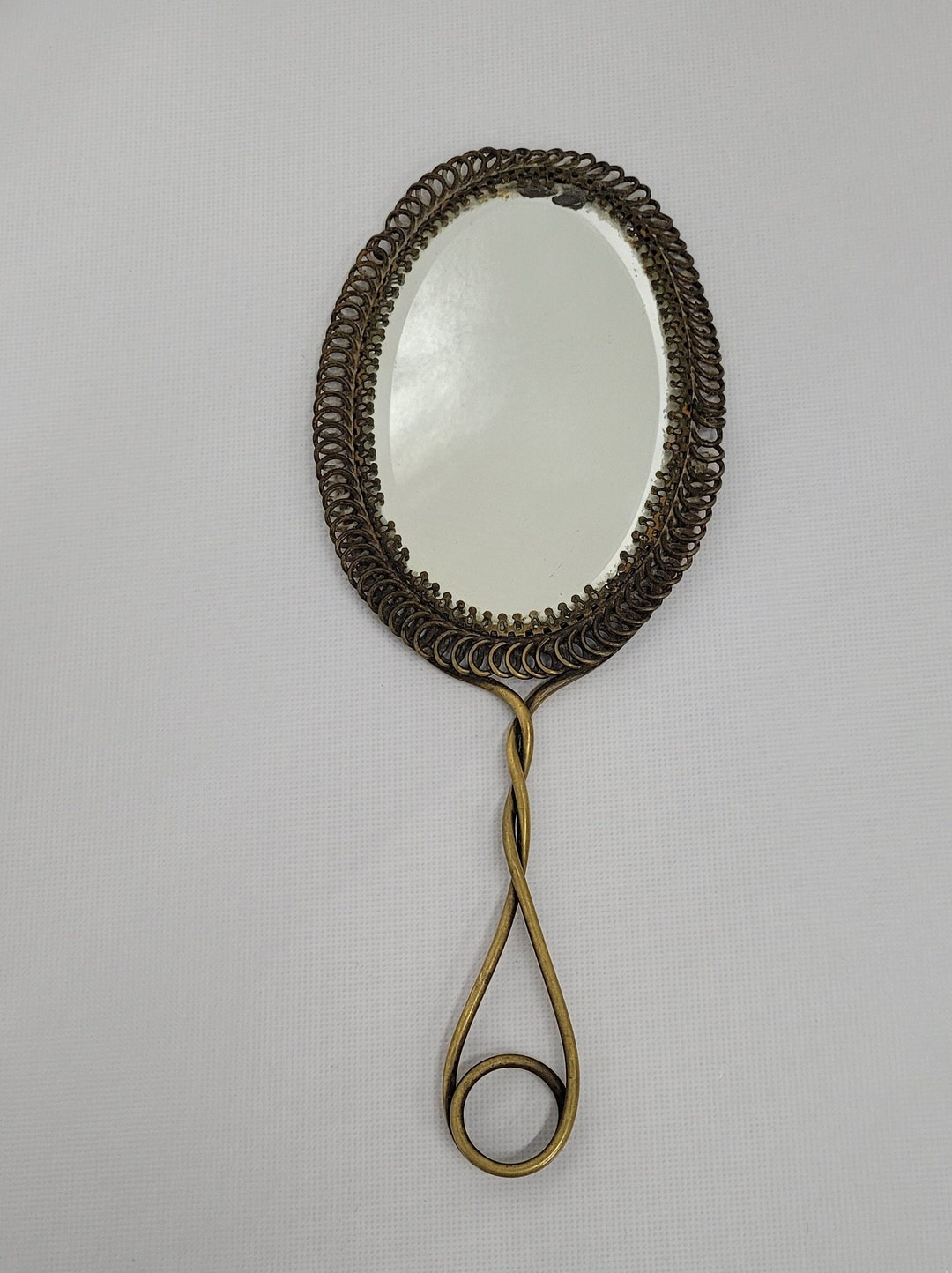 Antique Vanity Hand Mirror Braided Twisted Metal and Leather Design