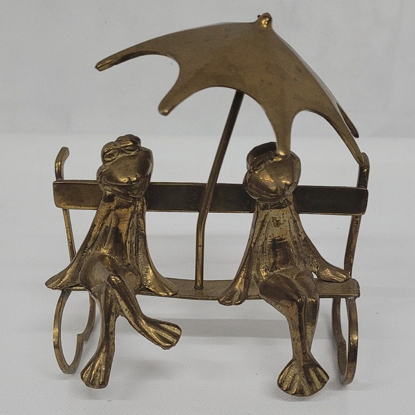 Vintage Set of Brass Frogs Setting on a Bench under a Umbrella Statue Sculpture Mid Century Table Art