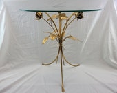 Midcentury Italian Gold Gilt Metal Side Table with Roses and Glass Top
