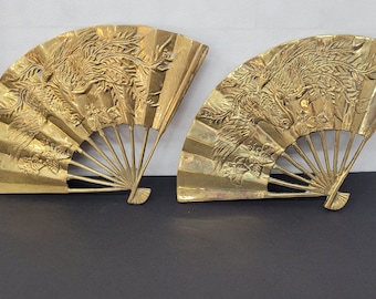 Vintage Brass Fans Asian Wall Metal Art Hanging a Pair