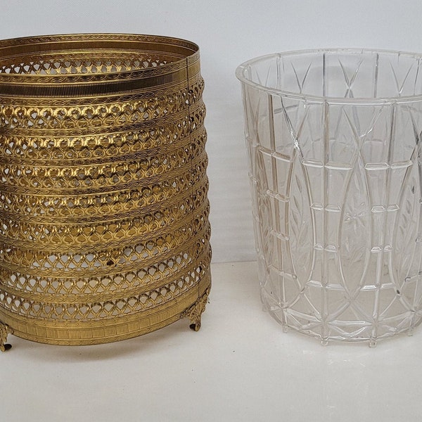 Vintage gold filagree waste basket trash can vanity bathroom accessories original 1960 hollywood regency