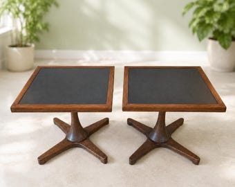 Pair 1960s Hans C Andersen Style Mid Century Modern Walnut Side Tables Black Tops.