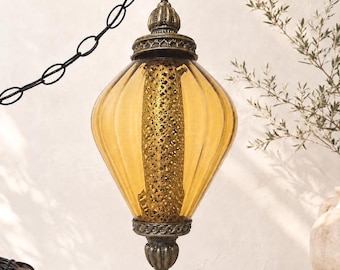 Vintage Amber Glass Swag Lamp, Rewired Plug-In Pendant, 24 in