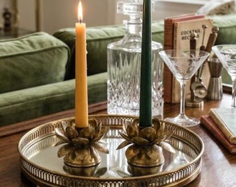 1970 Brass Lotus Candle Holders Pair Mid Century Brutalist Metal Flowers Hollywood Regency